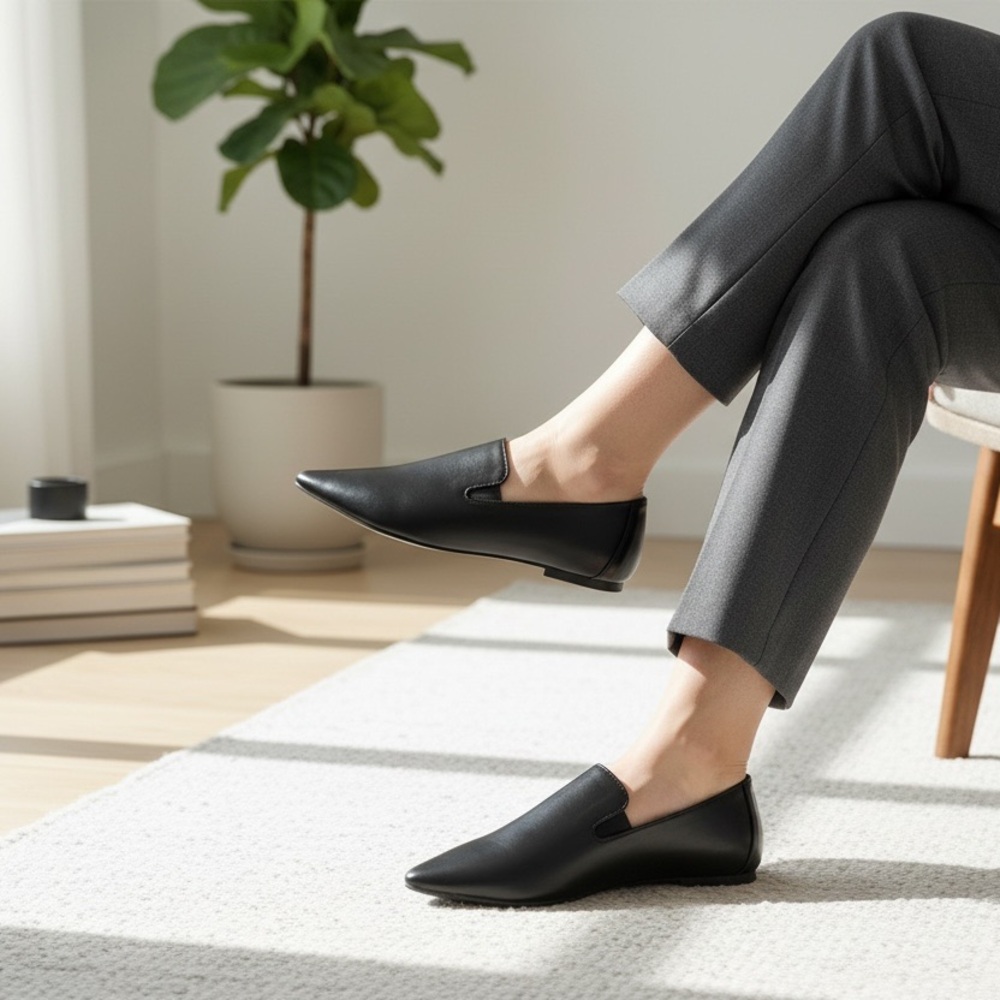 H by Halston Black Pointed Leather Slip-On Flats, Size 6 1/2 (fit like 7)